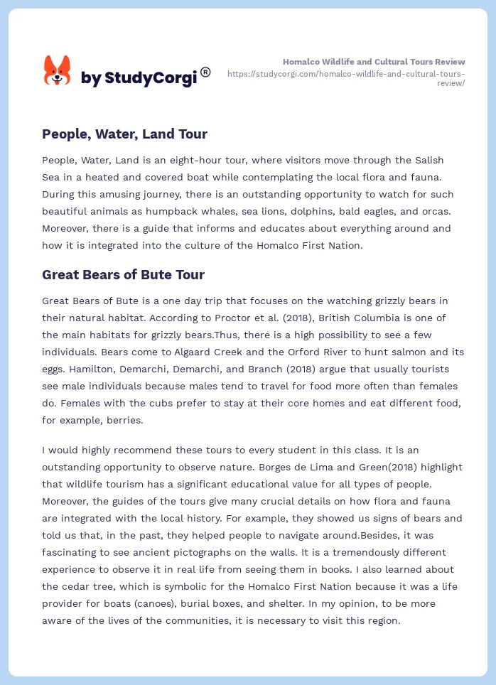 Homalco Wildlife and Cultural Tours Review. Page 2