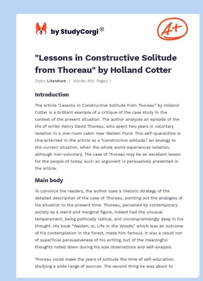 "Lessons in Constructive Solitude from Thoreau" by Holland Cotter. Page 1