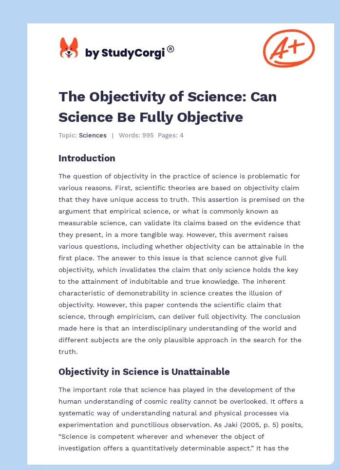 The Objectivity of Science: Can Science Be Fully Objective. Page 1