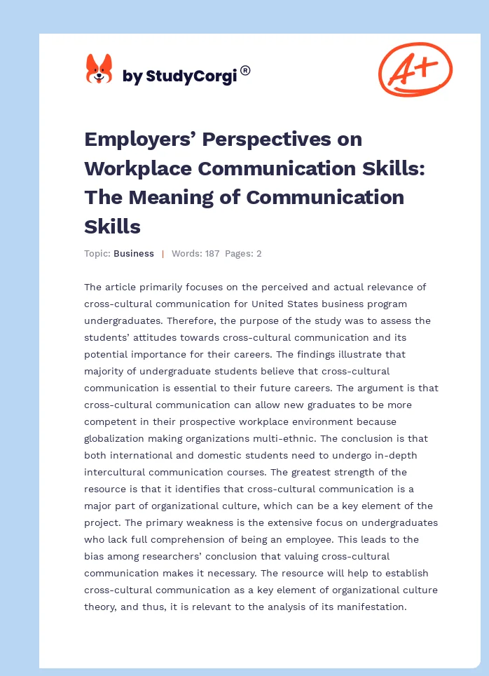 Employers’ Perspectives on Workplace Communication Skills: The Meaning of Communication Skills. Page 1