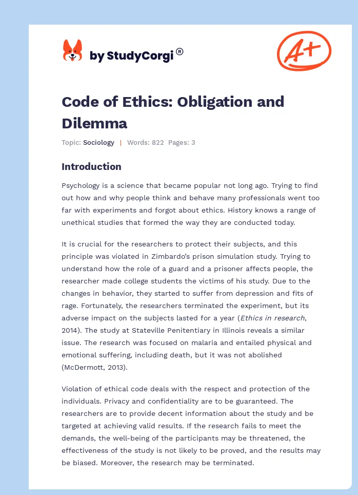 Code of Ethics: Obligation and Dilemma. Page 1