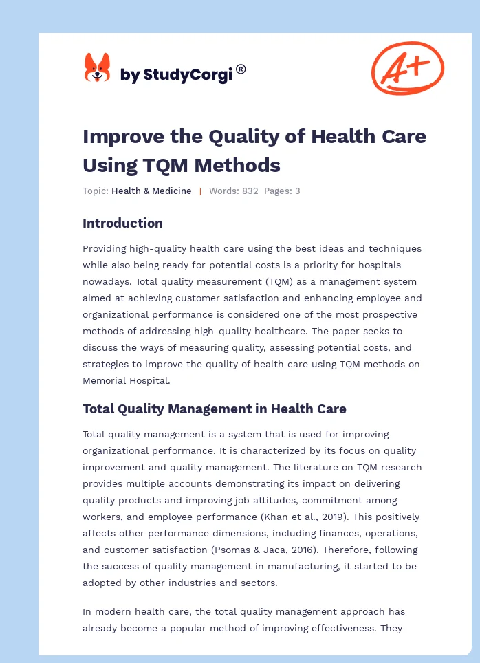 Improve the Quality of Health Care Using TQM Methods. Page 1