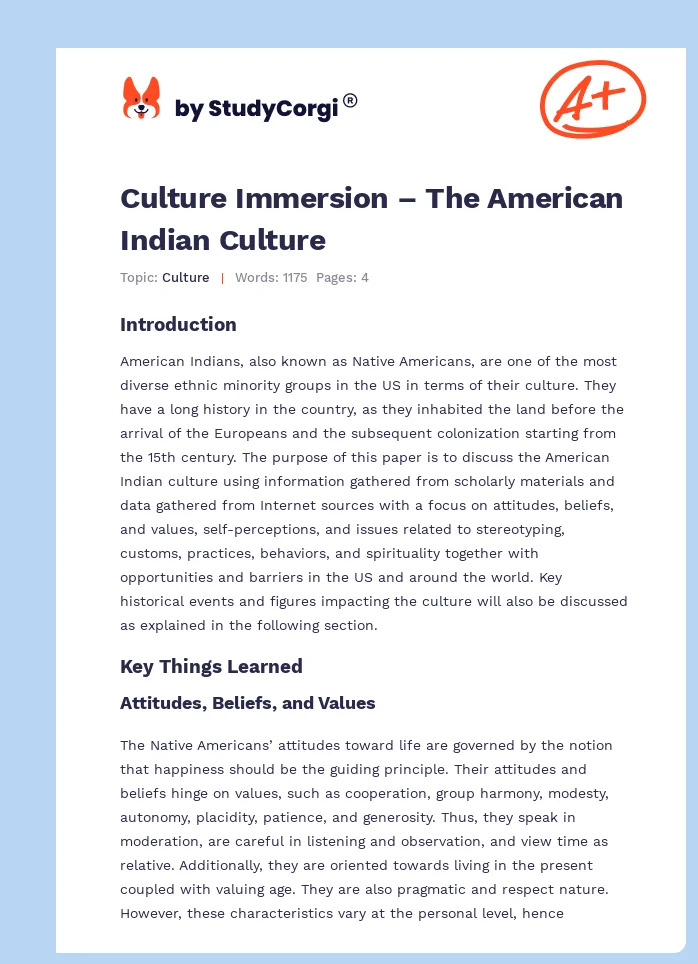 Culture Immersion – The American Indian Culture. Page 1