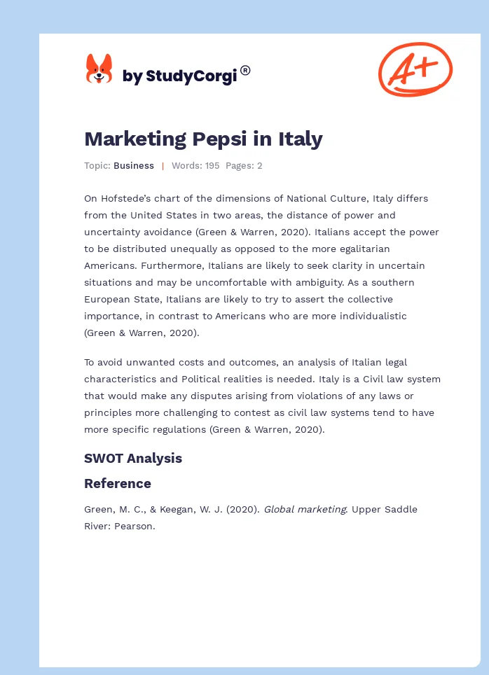 Marketing Pepsi in Italy. Page 1