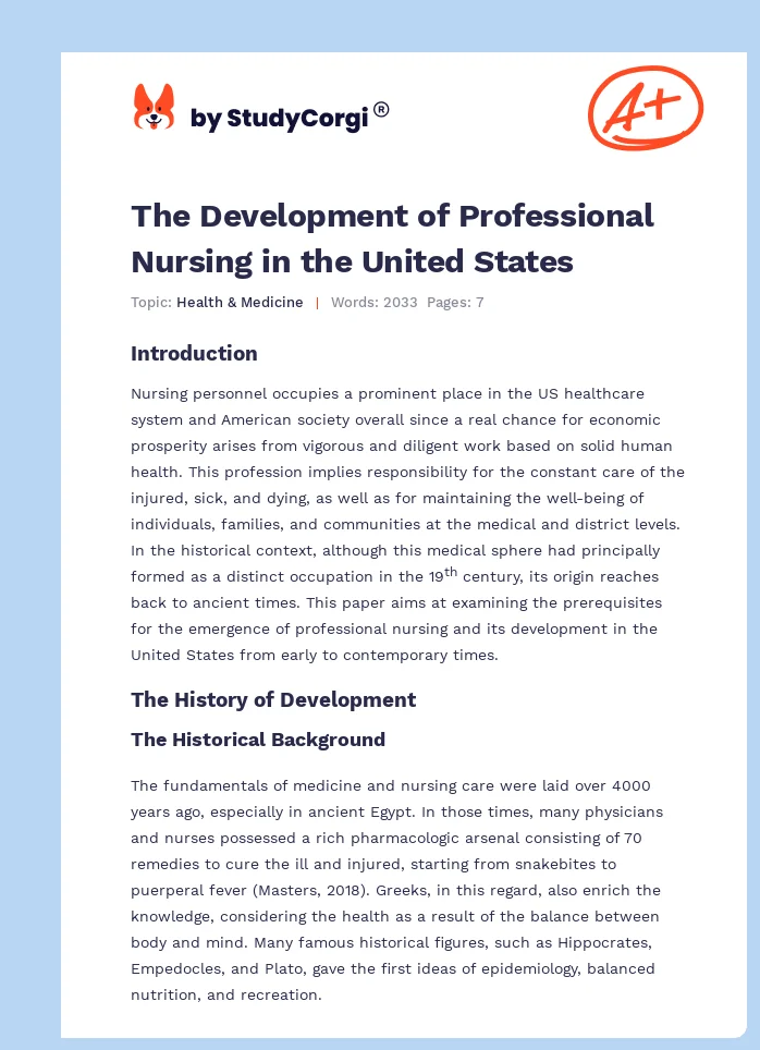 The Development of Professional Nursing in the United States. Page 1