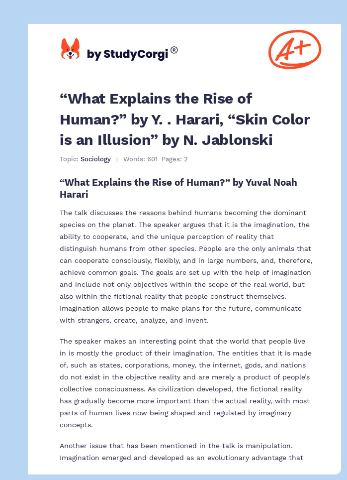 “What Explains the Rise of Human?” by Y. . Harari, “Skin Color is an Illusion” by N. Jablonski. Page 1