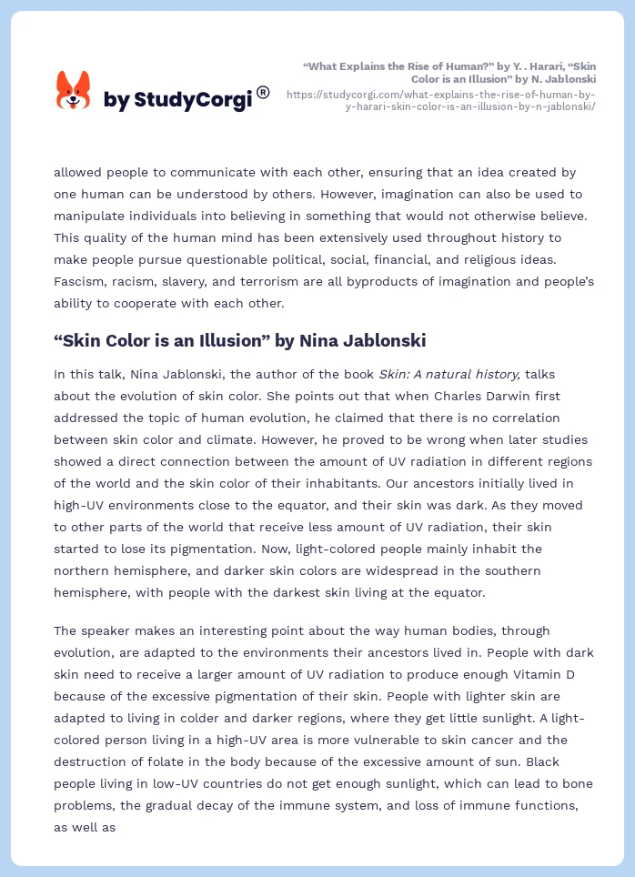 “What Explains the Rise of Human?” by Y. . Harari, “Skin Color is an Illusion” by N. Jablonski. Page 2
