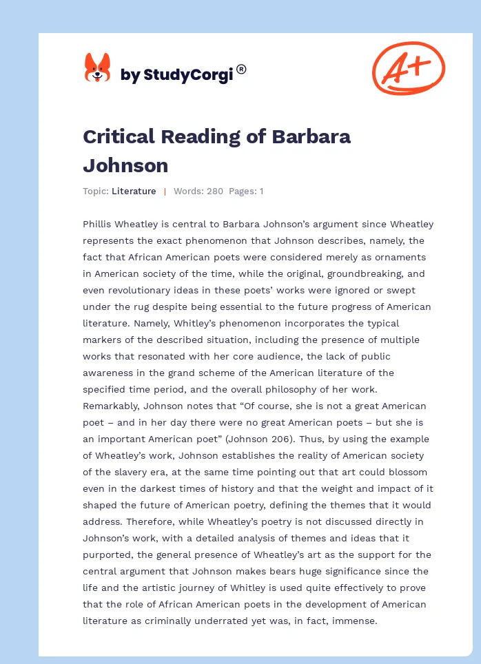 Critical Reading of Barbara Johnson. Page 1