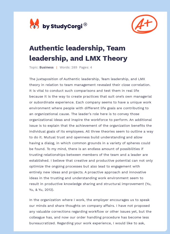 Authentic leadership, Team leadership, and LMX Theory. Page 1