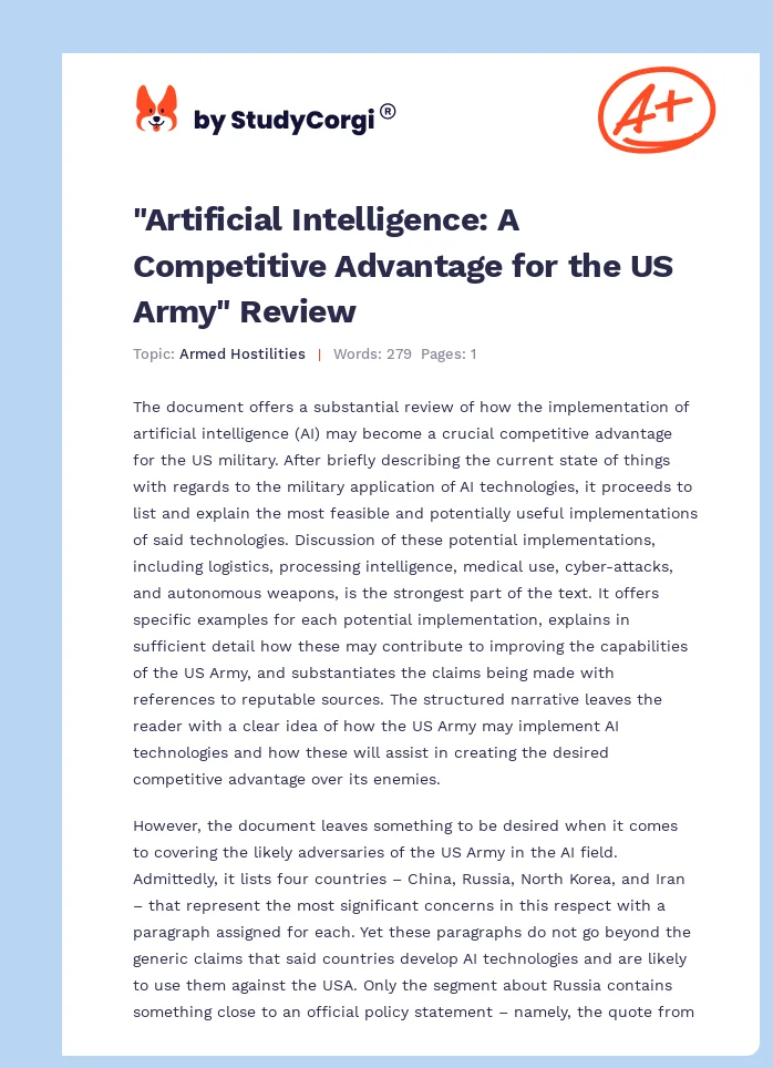 "Artificial Intelligence: A Competitive Advantage for the US Army" Review. Page 1