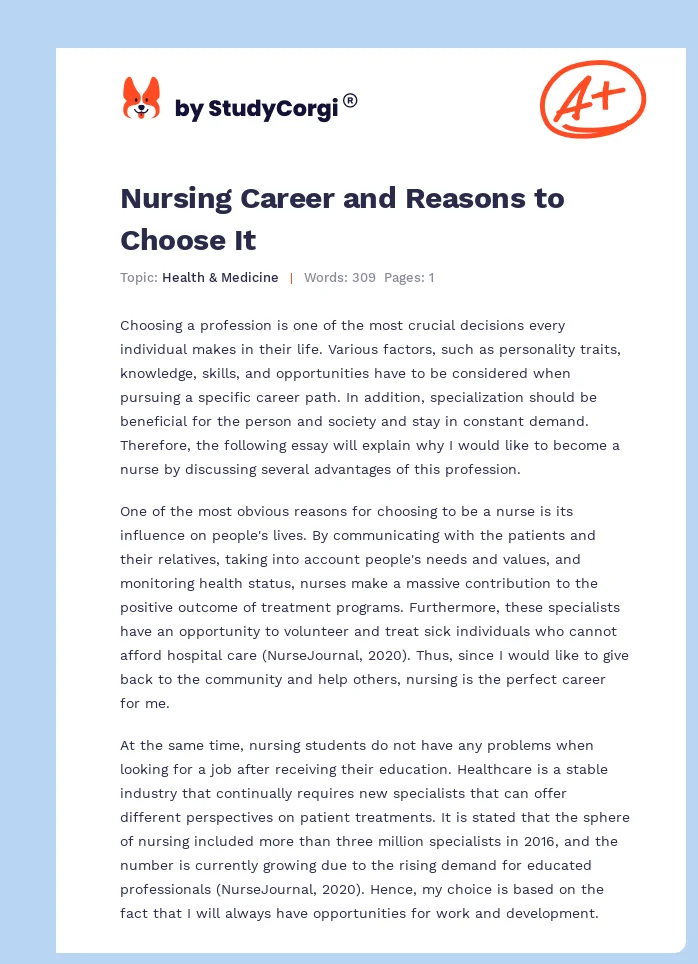 Nursing Career and Reasons to Choose It. Page 1