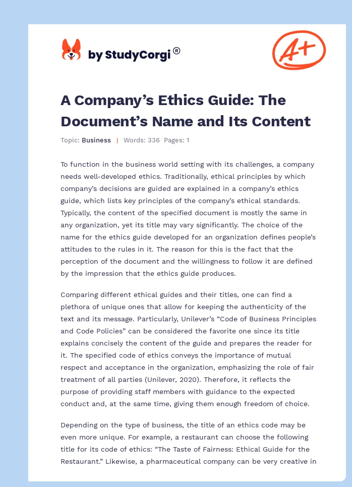 A Company’s Ethics Guide: The Document’s Name and Its Content. Page 1