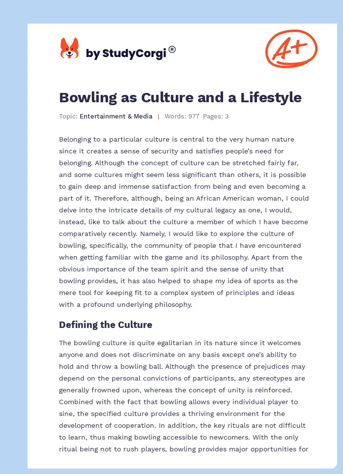 Bowling as Culture and a Lifestyle. Page 1