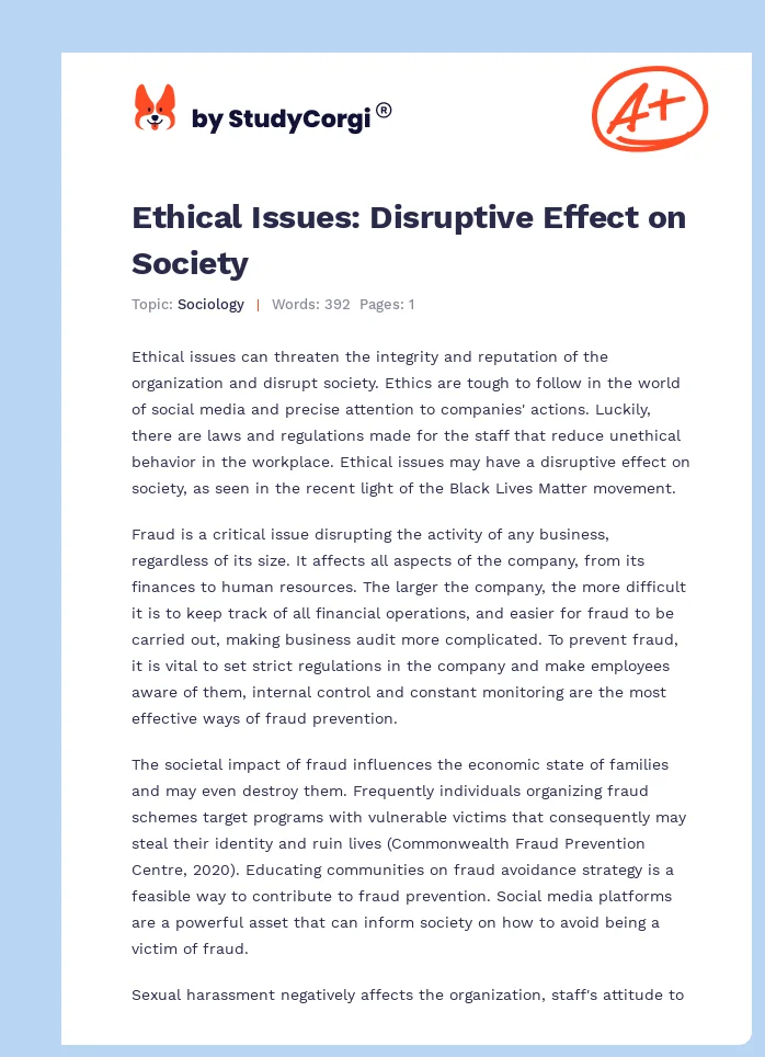 Ethical Issues: Disruptive Effect on Society. Page 1