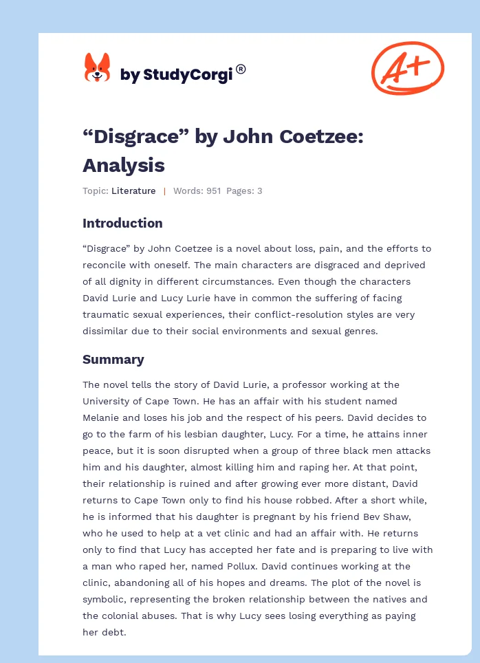 “Disgrace” by John Coetzee: Analysis. Page 1