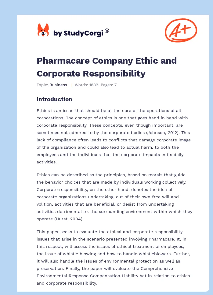 Pharmacare Company Ethic and Corporate Responsibility. Page 1