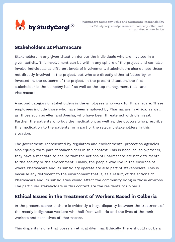 Pharmacare Company Ethic and Corporate Responsibility. Page 2