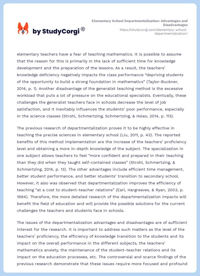 Elementary School Departmentalization: Advantages and Disadvantages. Page 2