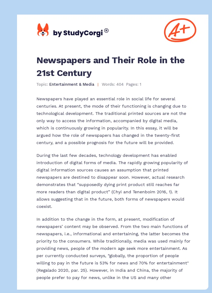 Newspapers and Their Role in the 21st Century. Page 1