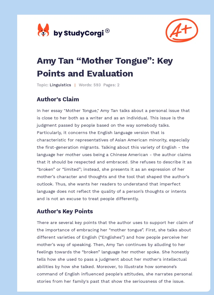 Amy Tan “Mother Tongue”: Key Points and Evaluation. Page 1