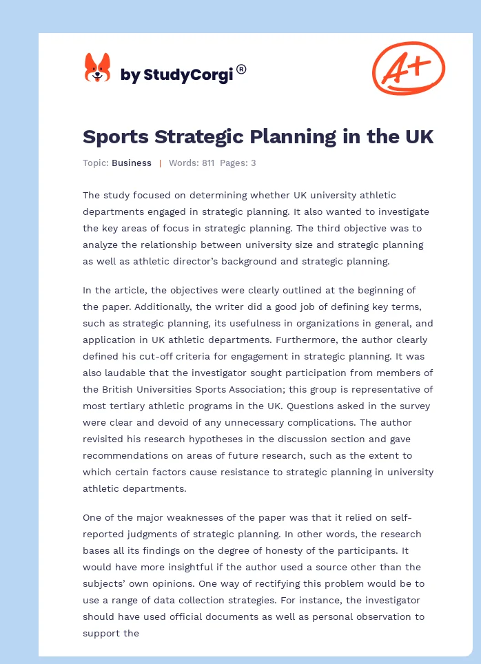 Sports Strategic Planning in the UK. Page 1
