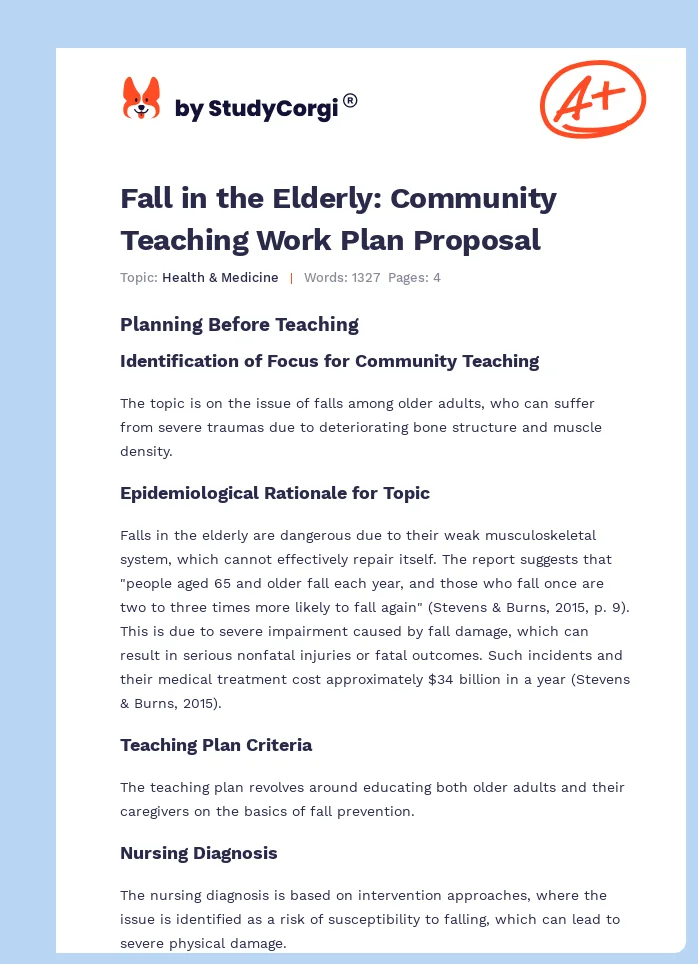 Fall in the Elderly: Community Teaching Work Plan Proposal. Page 1