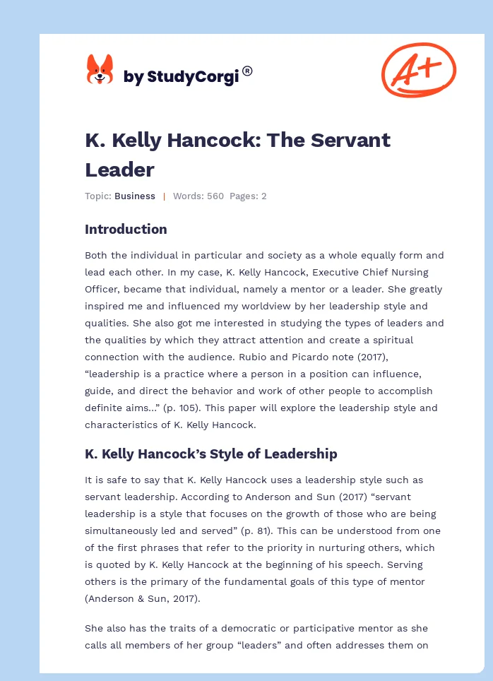 K. Kelly Hancock: The Servant Leader. Page 1