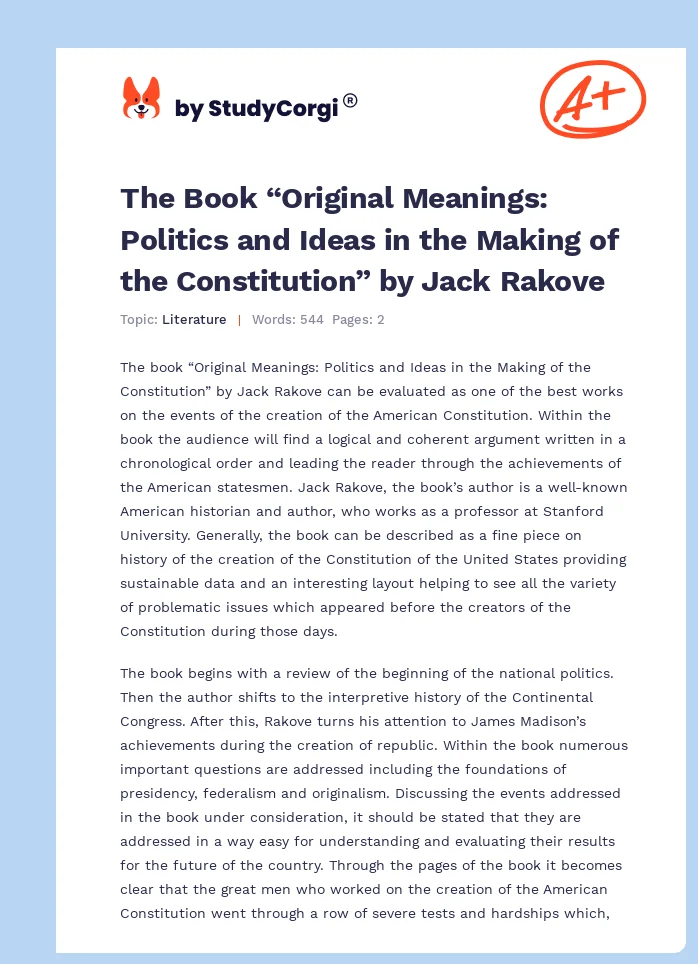 The Book “Original Meanings: Politics and Ideas in the Making of the Constitution” by Jack Rakove. Page 1