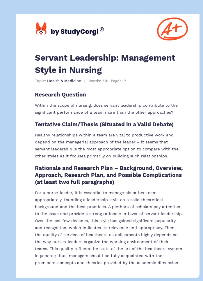 Servant Leadership: Management Style in Nursing. Page 1