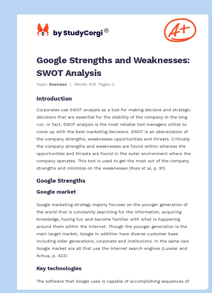 Google Strengths and Weaknesses: SWOT Analysis. Page 1