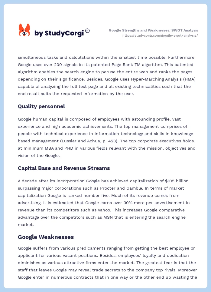 Google Strengths and Weaknesses: SWOT Analysis. Page 2