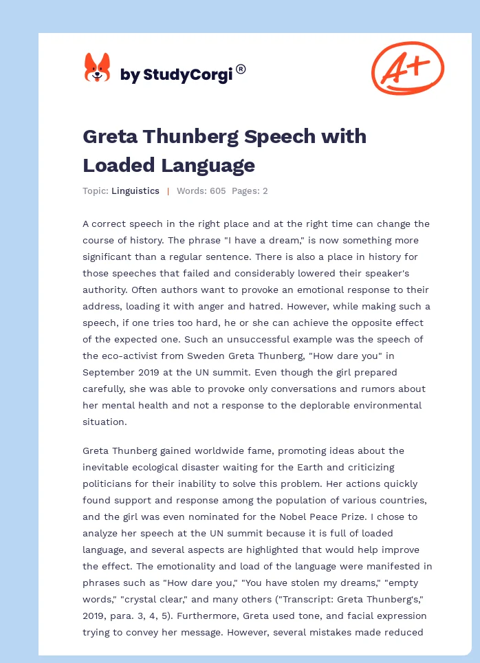 Greta Thunberg Speech with Loaded Language. Page 1