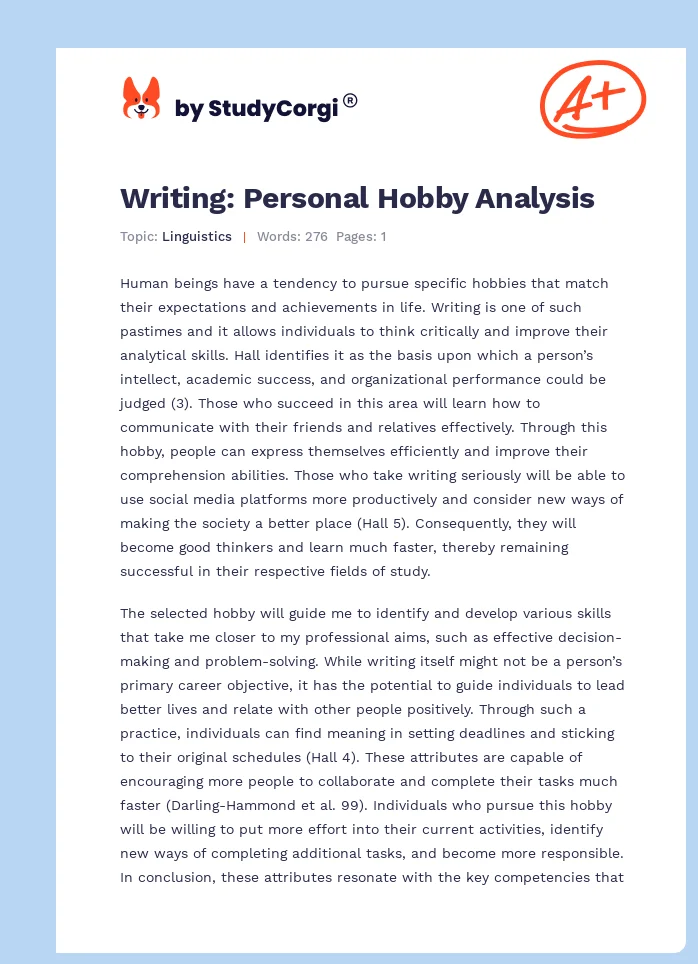 Writing: Personal Hobby Analysis. Page 1