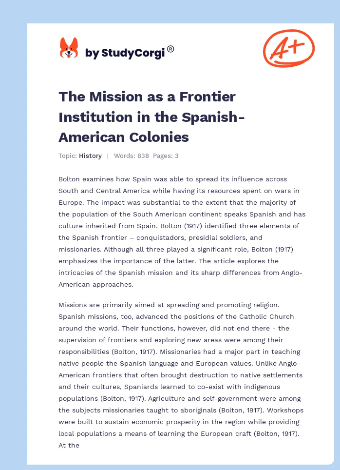The Mission as a Frontier Institution in the Spanish-American Colonies. Page 1