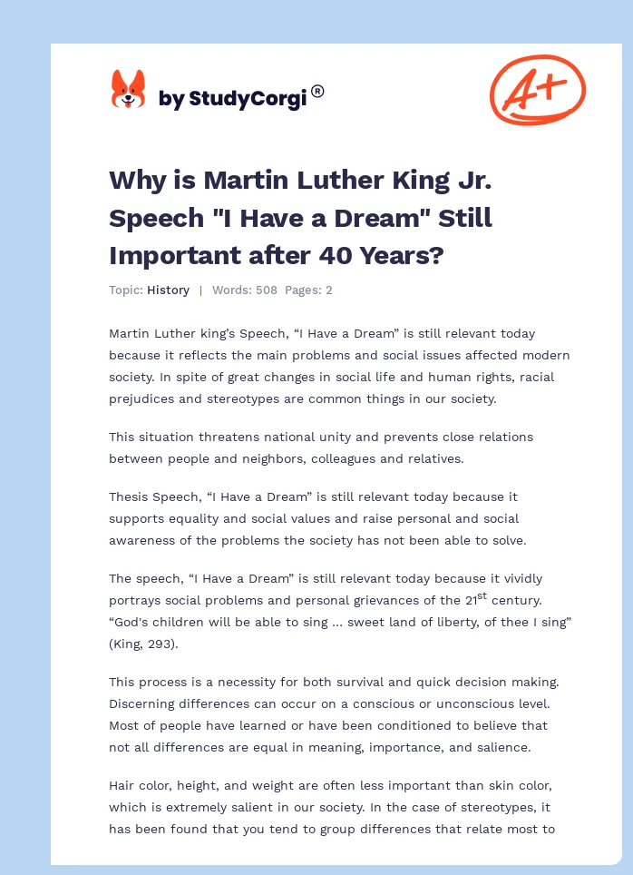 Why is Martin Luther King Jr. Speech "I Have a Dream" Still Important after 40 Years?. Page 1