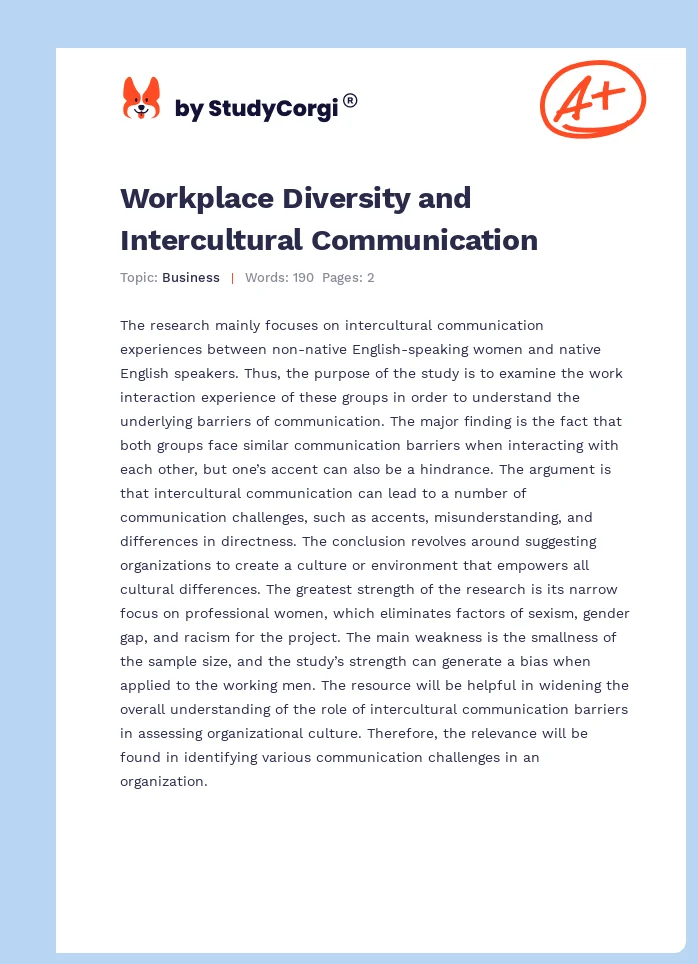 Workplace Diversity and Intercultural Communication. Page 1