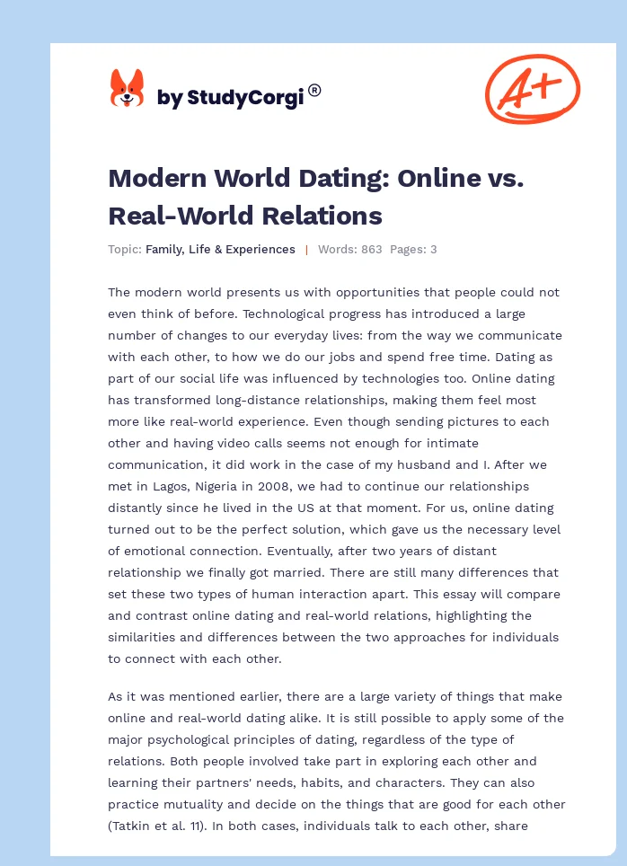 Modern World Dating: Online vs. Real-World Relations. Page 1
