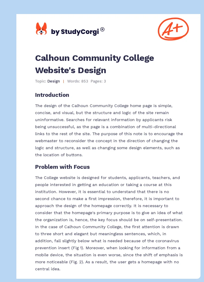 Calhoun Community College Website's Design. Page 1