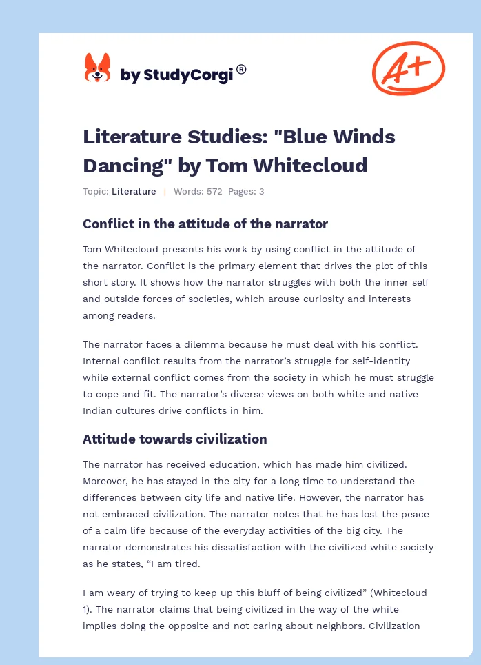 Literature Studies: "Blue Winds Dancing" by Tom Whitecloud. Page 1