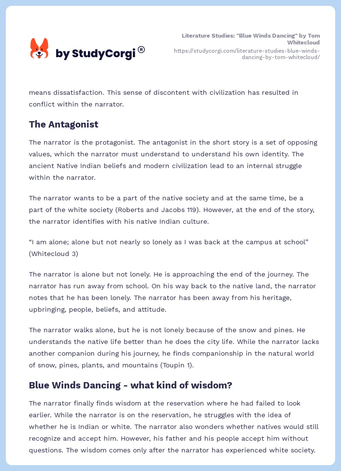 Literature Studies: "Blue Winds Dancing" by Tom Whitecloud. Page 2