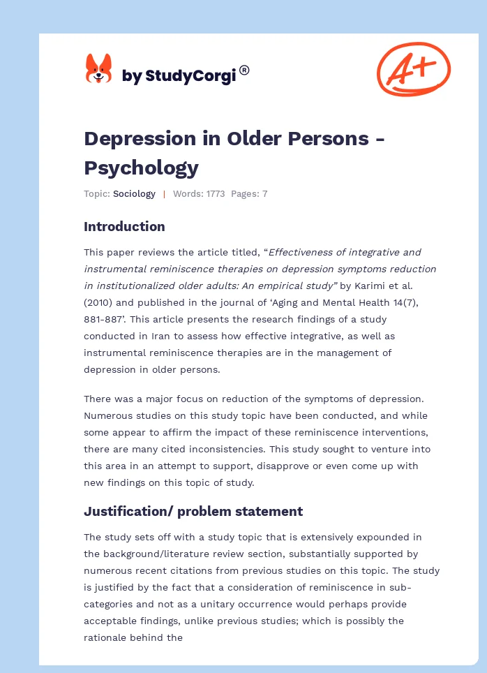 Depression in Older Persons - Psychology. Page 1