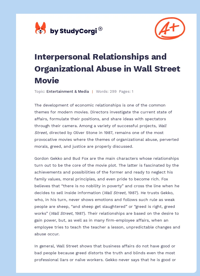 Interpersonal Relationships and Organizational Abuse in Wall Street Movie. Page 1