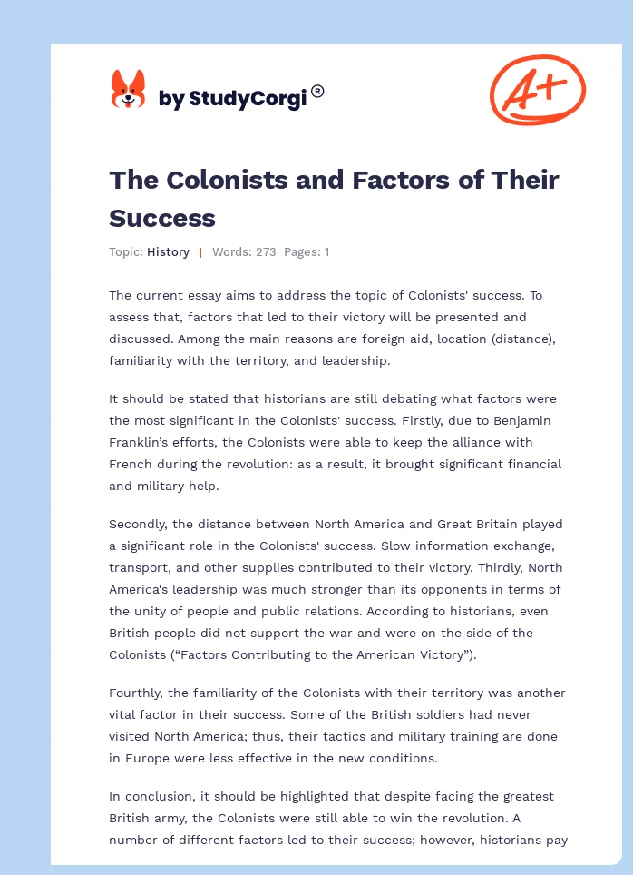The Colonists and Factors of Their Success. Page 1