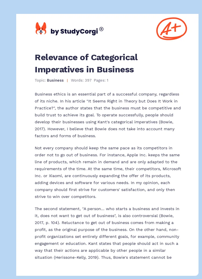 Relevance of Categorical Imperatives in Business. Page 1