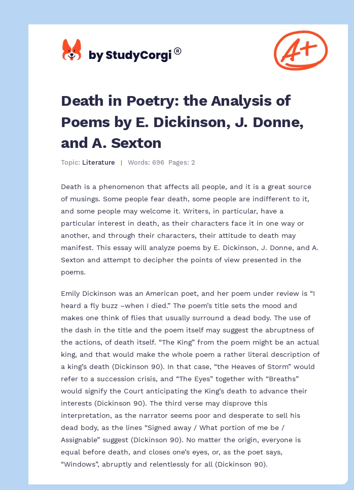 Death in Poetry: the Analysis of Poems by E. Dickinson, J. Donne, and A. Sexton. Page 1