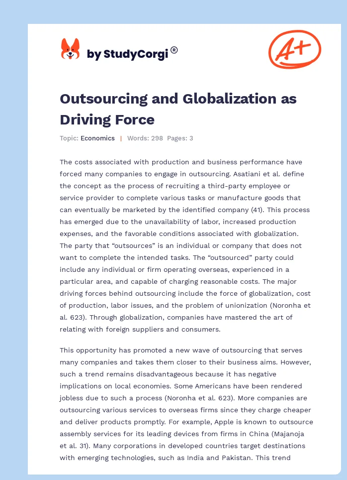 Outsourcing and Globalization as Driving Force. Page 1