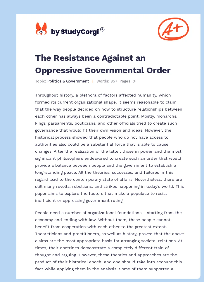 The Resistance Against an Oppressive Governmental Order. Page 1