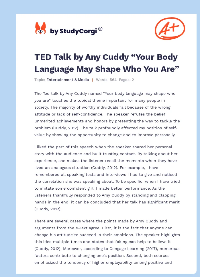 TED Talk by Any Cuddy “Your Body Language May Shape Who You Are”. Page 1