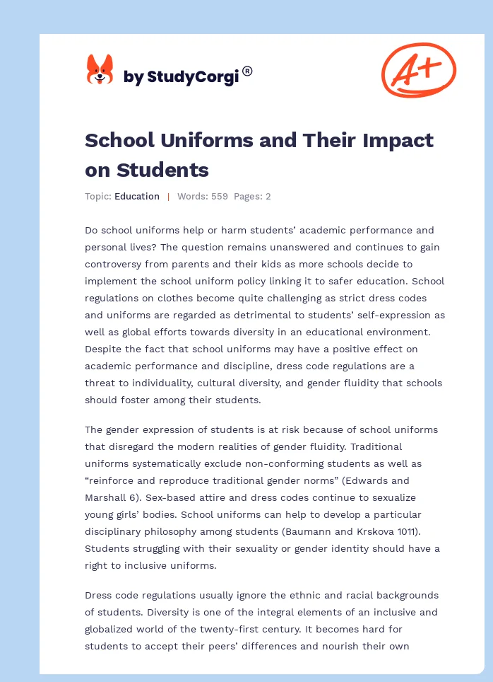 School Uniforms and Their Impact on Students. Page 1