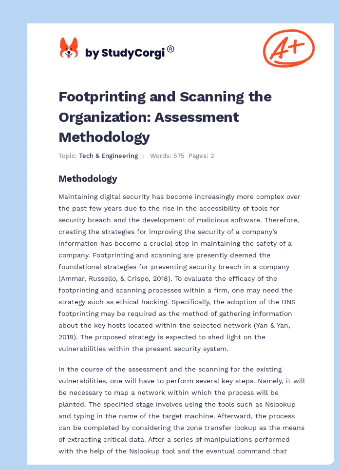 Footprinting and Scanning the Organization: Assessment Methodology. Page 1
